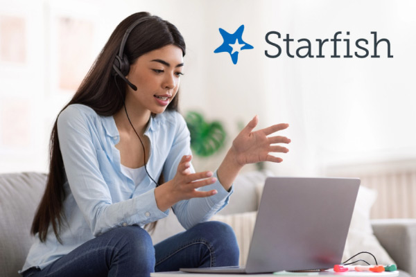 Female student in front of laptop with Starfish logo