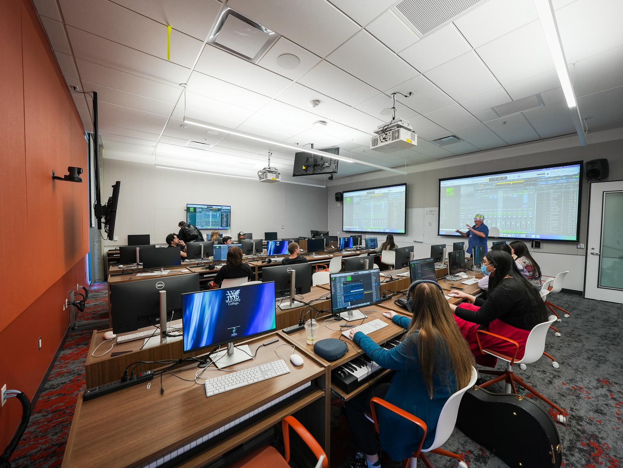 students in a music production class