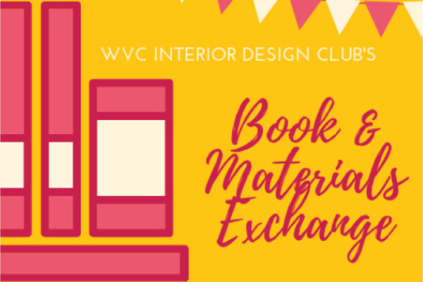 Books and supplies exchange graphic on yellow background