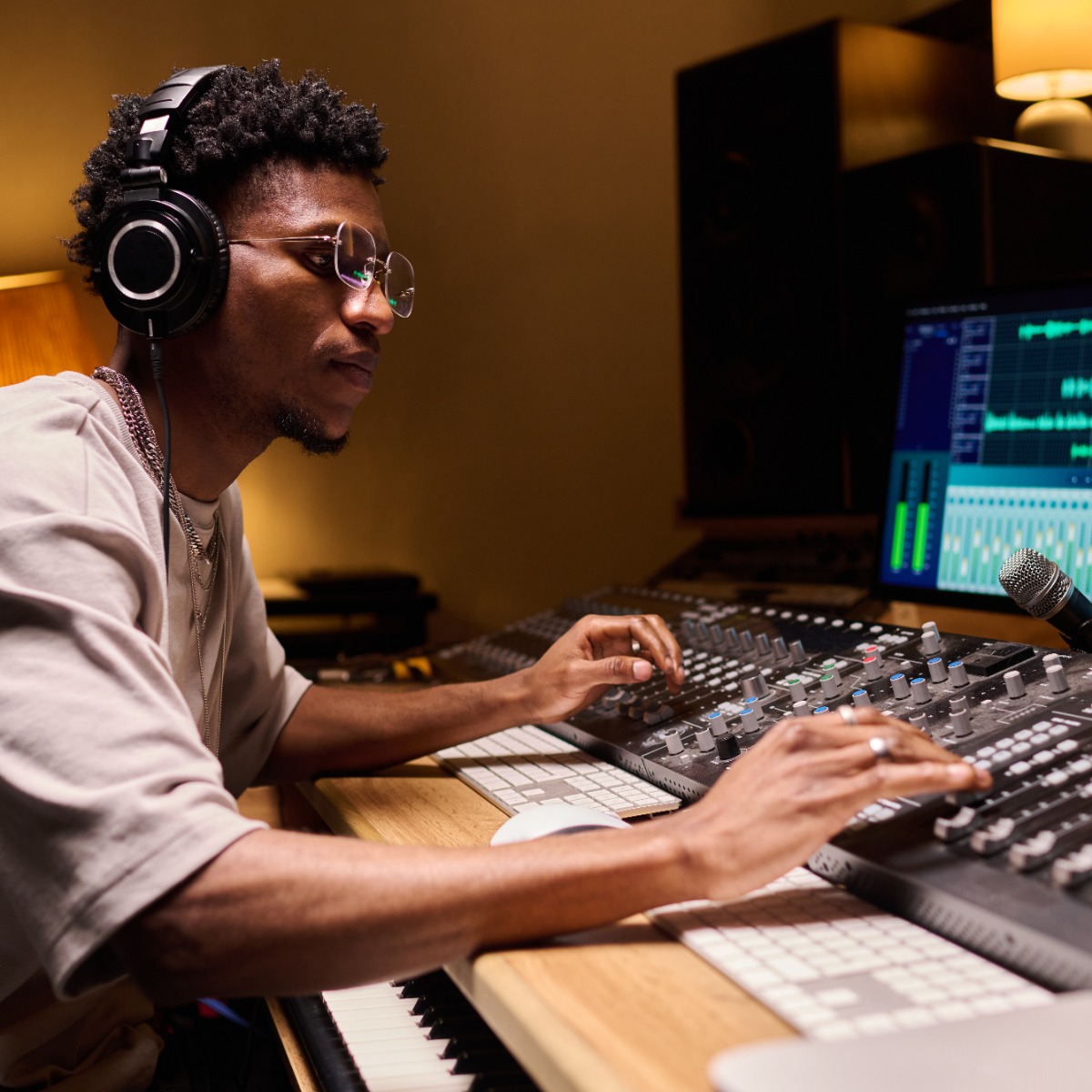 african american wearing black headphones using a mixer