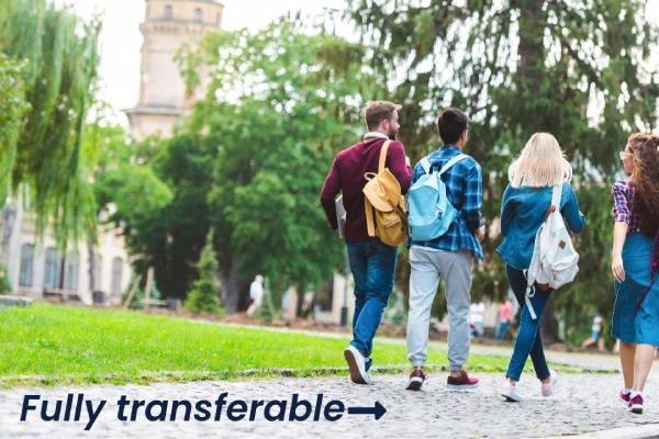 Group of four students walking with text fully transferable 