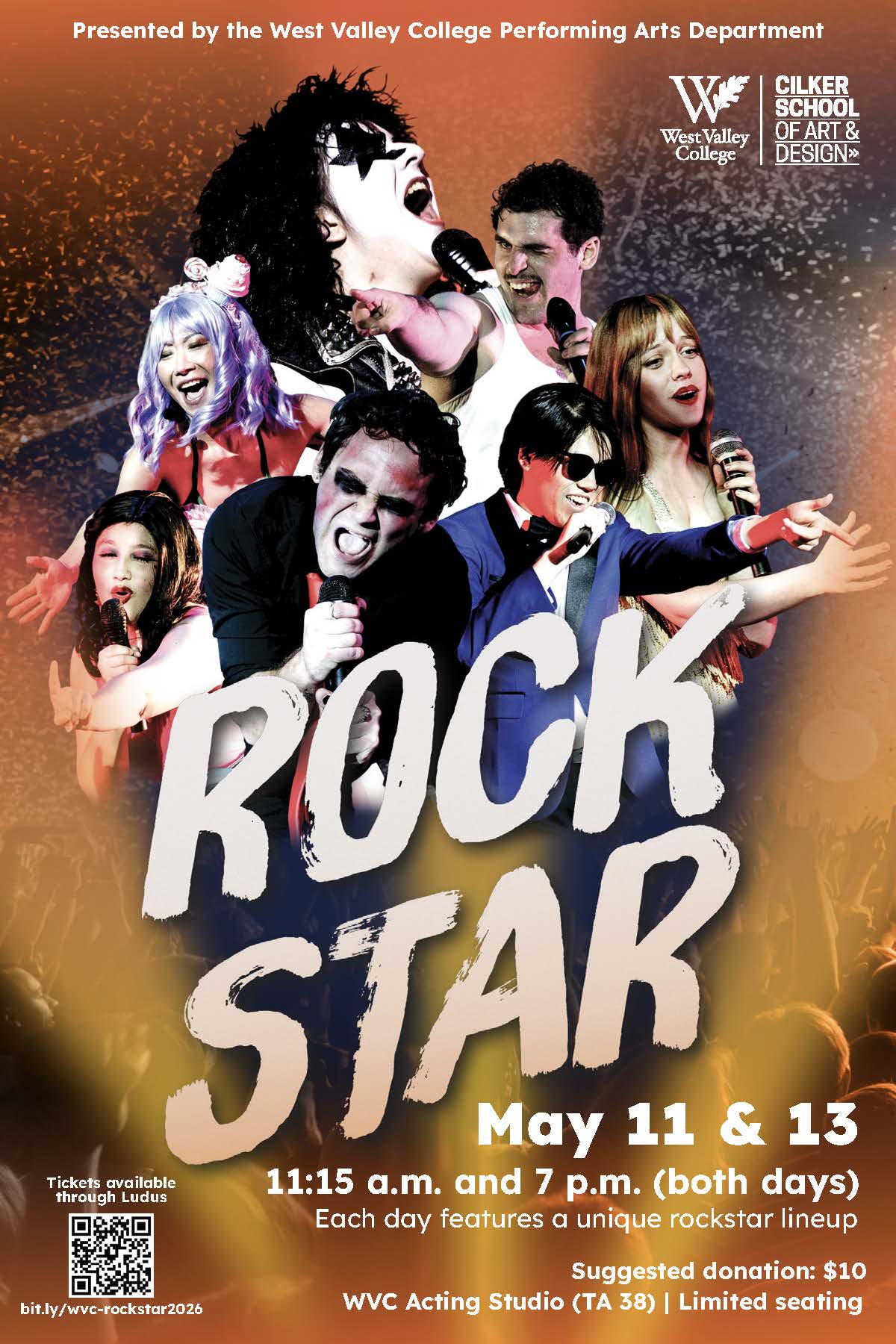 Promotional poster for Rock Star featuring multiple performers singing with microphones, a cheering crowd, bold concert colors, and show dates May 11 and 13.
