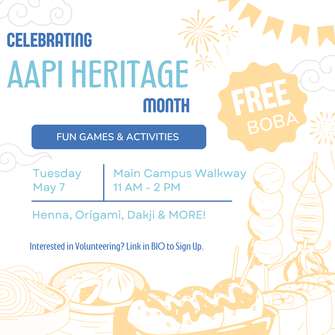 Flyer celebrating AAPI Heritage Month with blue and gold graphics, event details, activities listed, and a ‘Free Boba’ badge.”