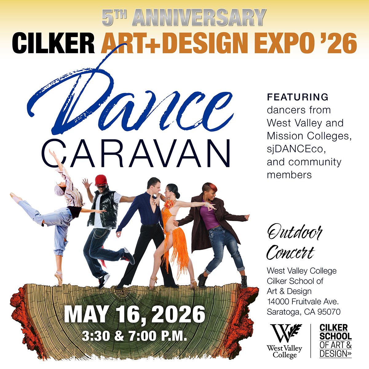 Poster announcing the 5th Anniversary Cilker Art + Design Expo ’26, Dance Caravan outdoor concert with five dancers, May 16, 2026.