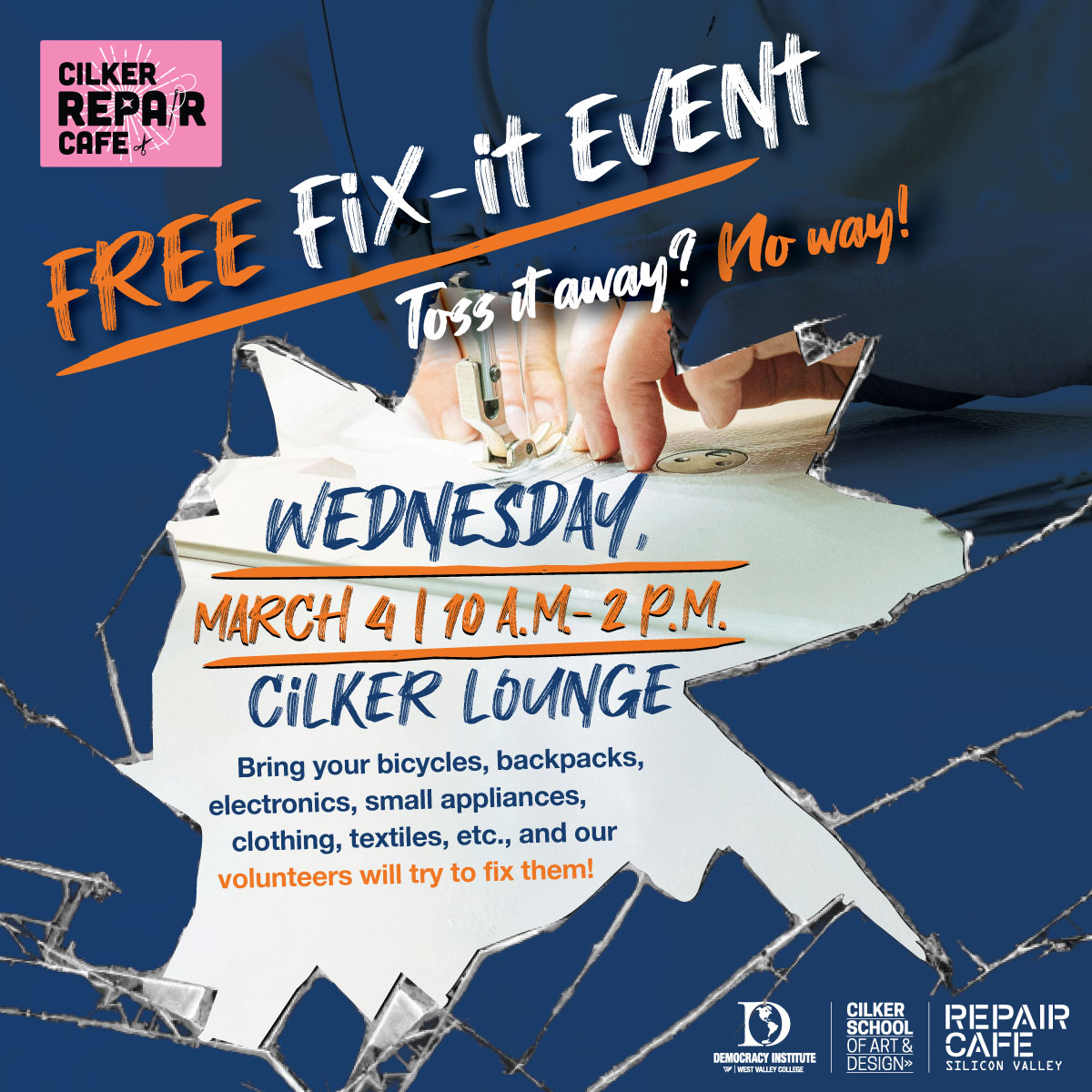 Navy blue shattered glass with a hole viewing into a student's hands sewing on a sewing machine and the event text below their hands.