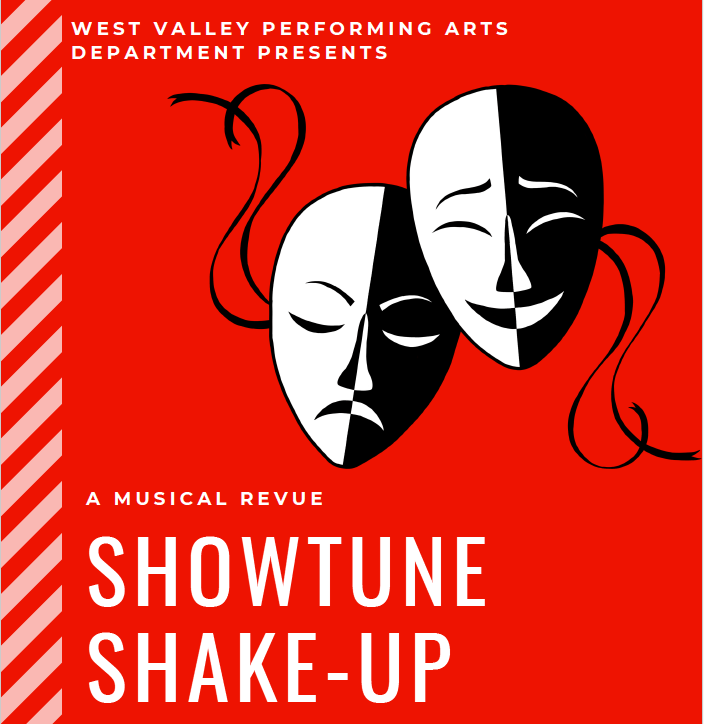 black and white theater masks with a red background