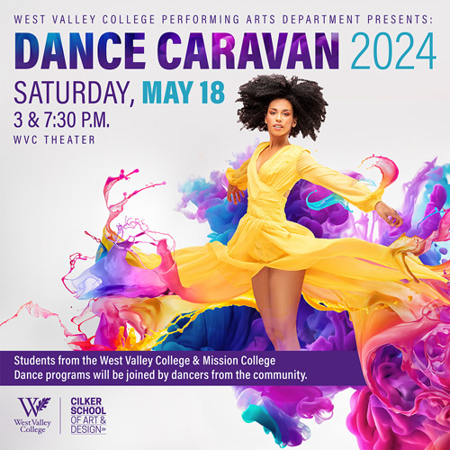 Woman in yellow dress with Dance Caravan event details