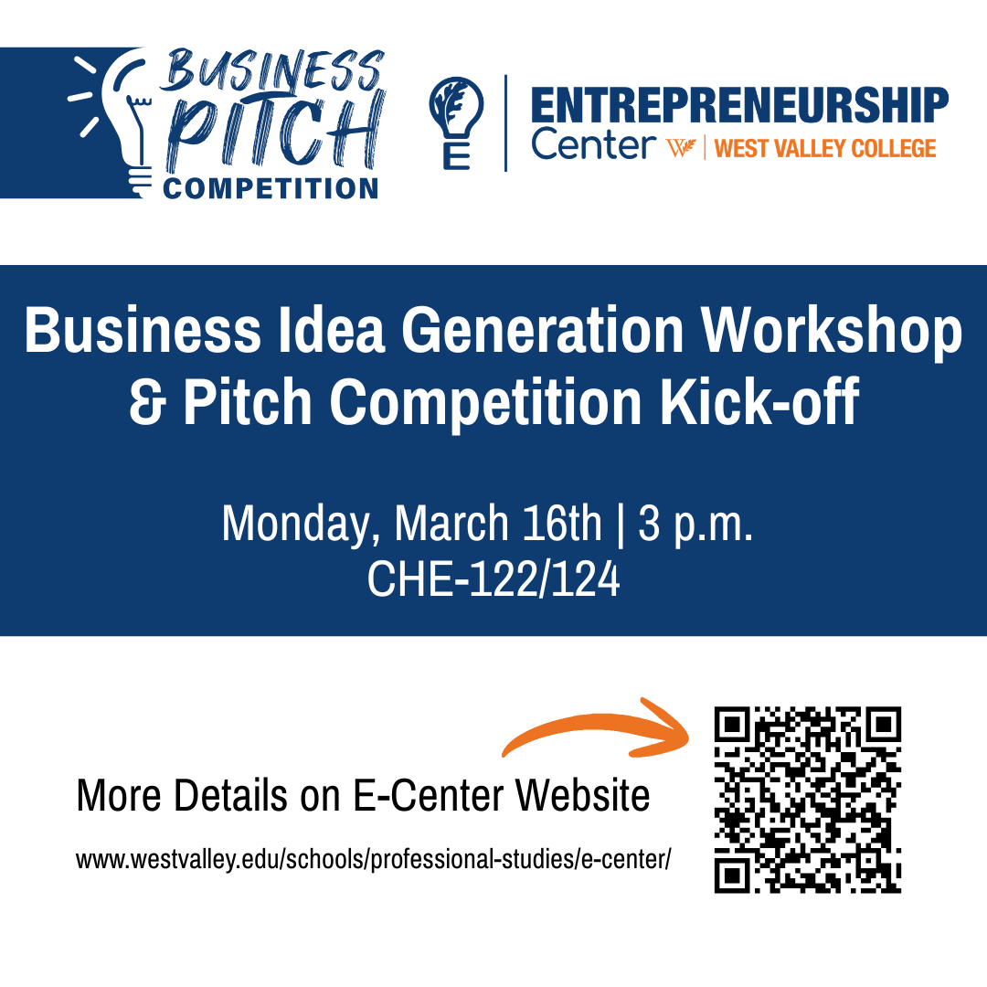 e-center logo with a blue color block with white text business idea generation and pitch competition kickoff