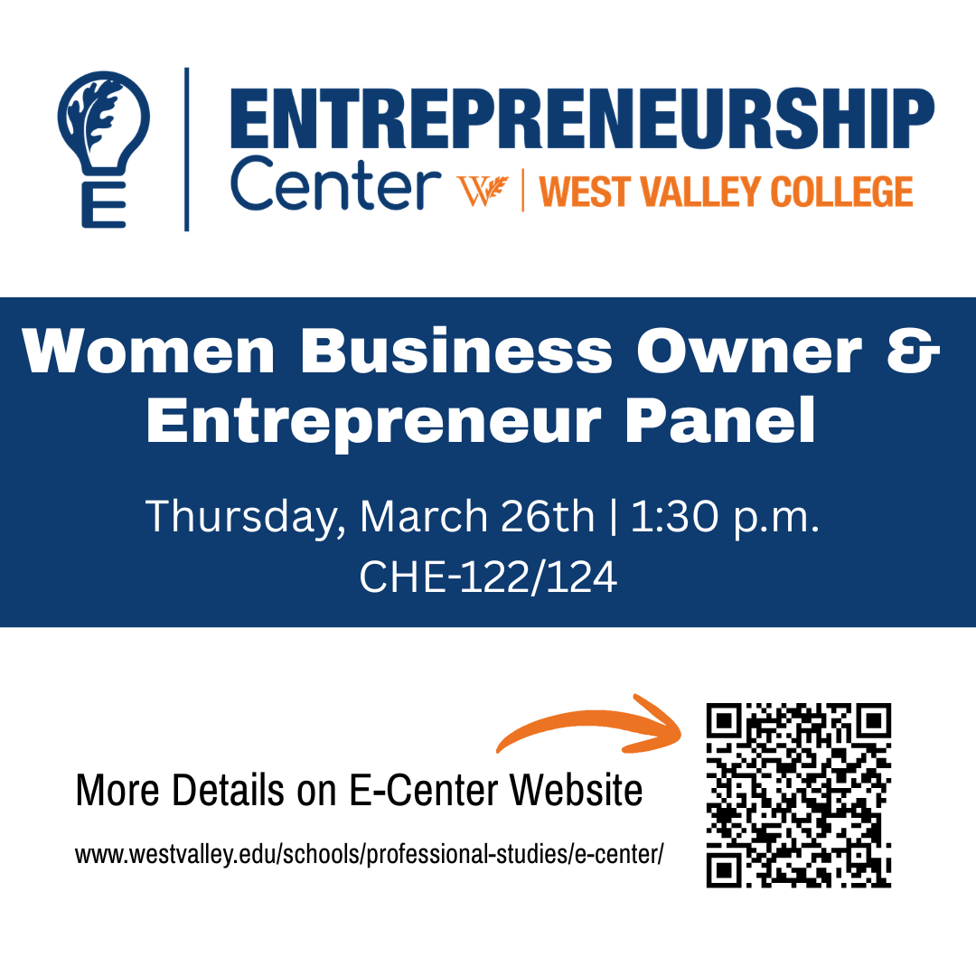 entrepreneurship center logo with a blue color block with white text women business owner and entrepreneur panel