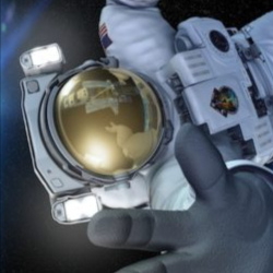 Astronaut floating in space, reaching forward