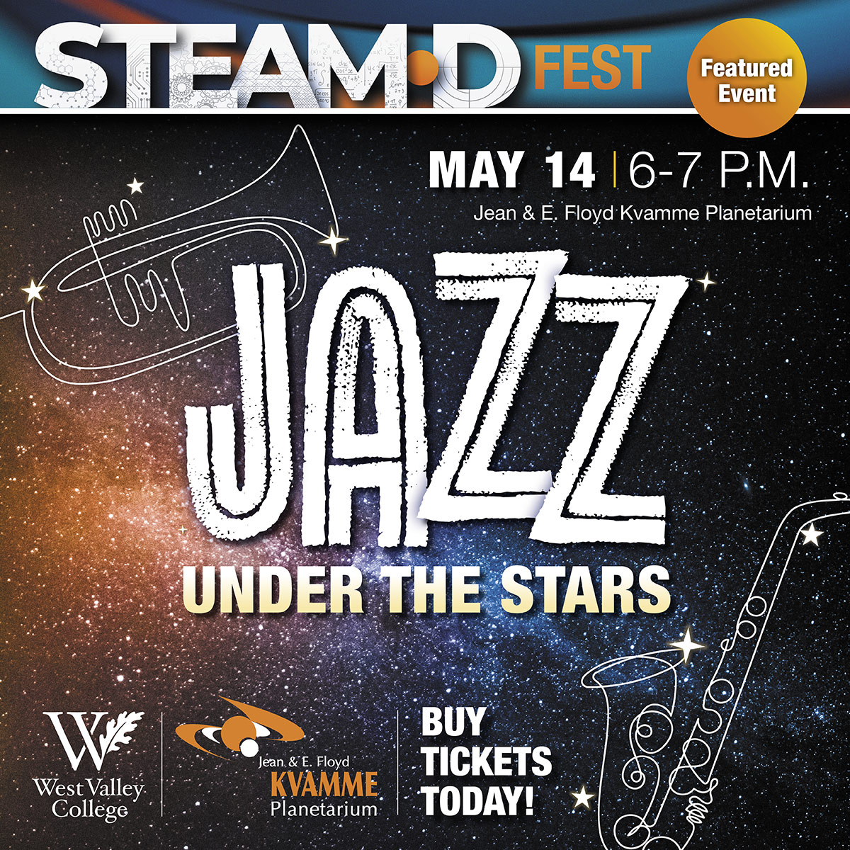 Poster for “Jazz Under the Stars” STEAM’d Fest event with galaxy background and jazz instruments