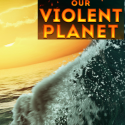 Volcanic plume rises over ocean at golden sunset as waves crash, illustrating Earth’s power vividly!