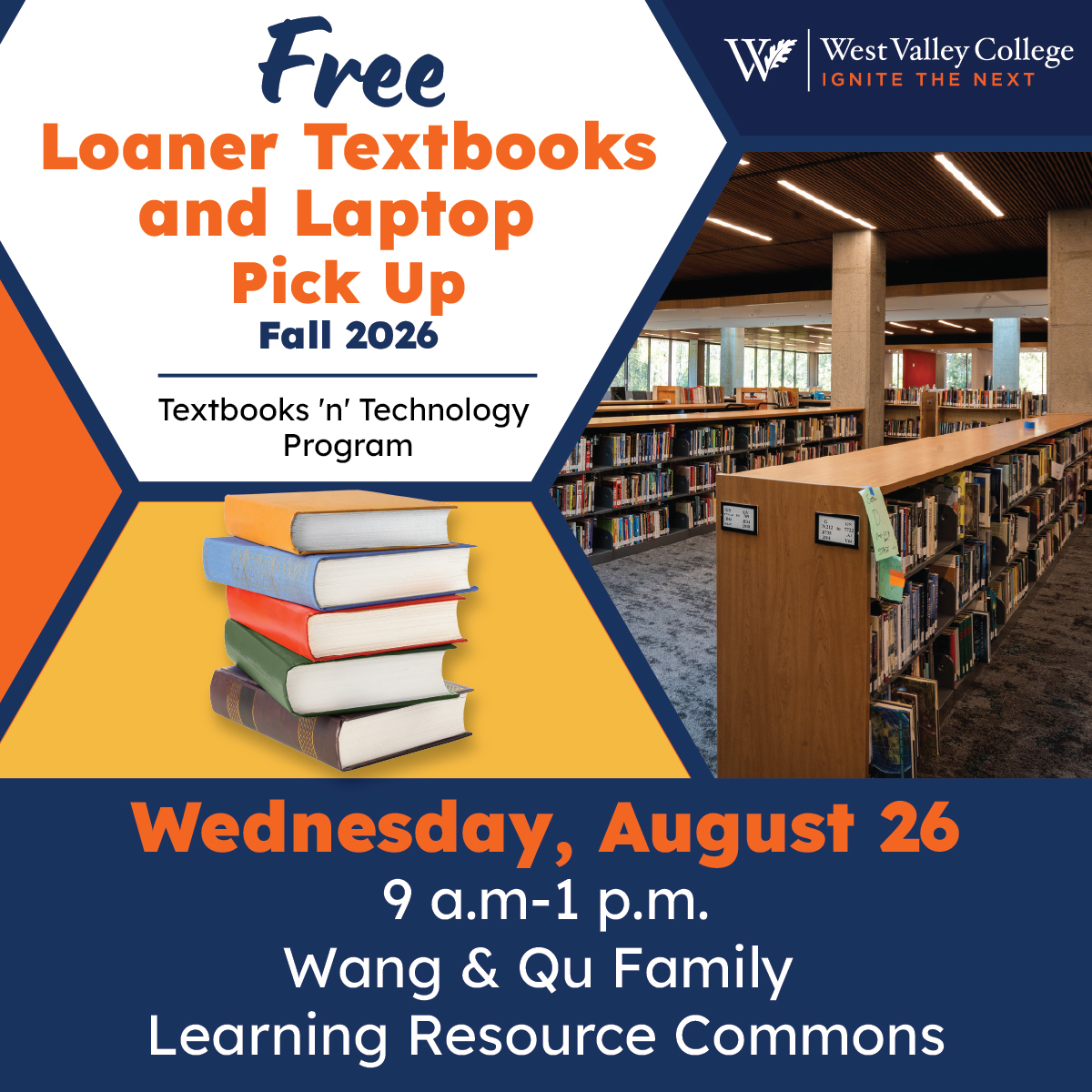 loaner textbooks and laptop pick up graphic with a picture of bookcases in the LRC