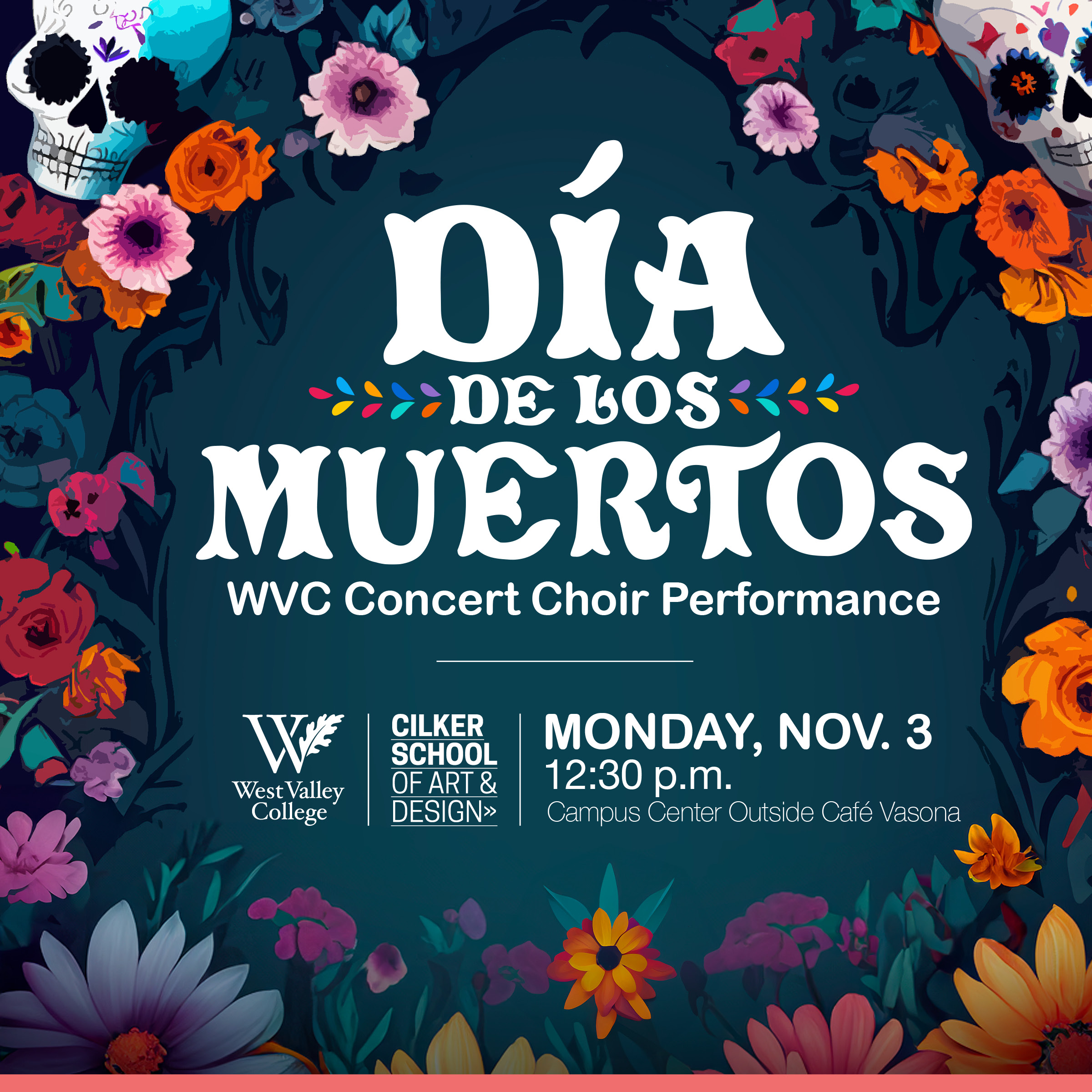 Blue background, white lettering, flowers around the border and skulls in the upper corners.