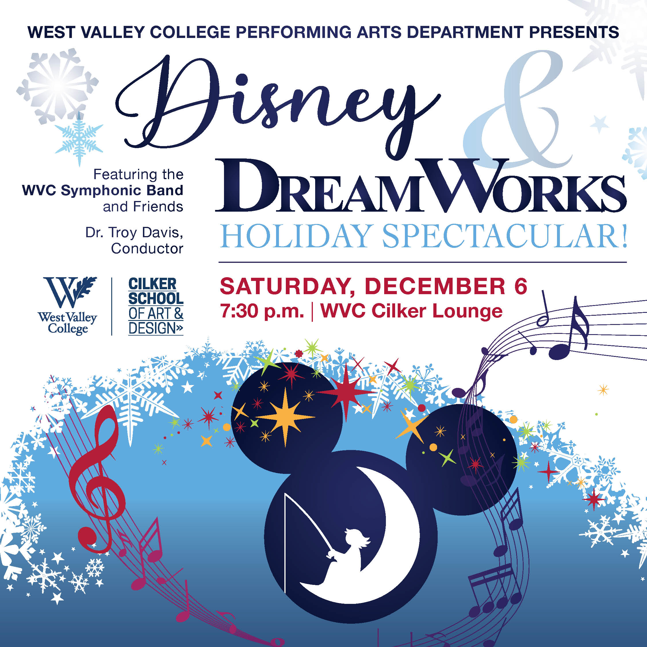 show graphic - white background, blue text, mickey mouse ears in the background and music notes around the lettering.