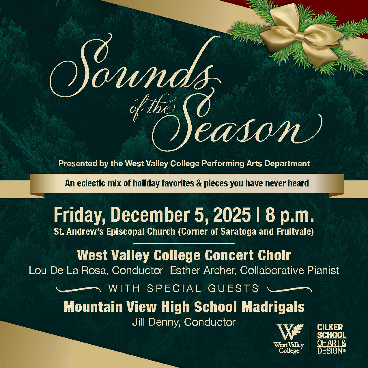 dark green background, gold text, and gold bow in the upper right corner with pine greenery