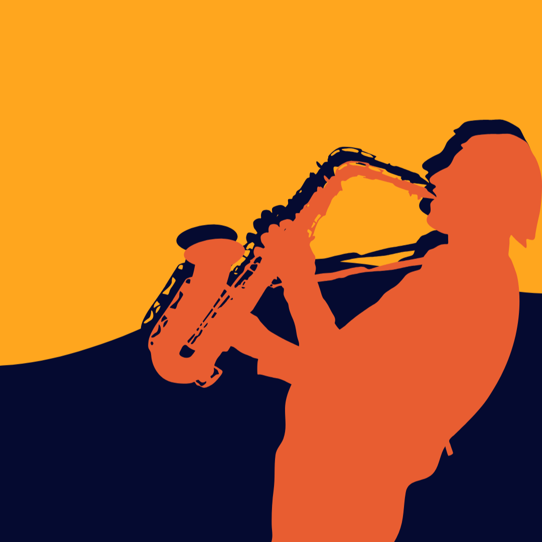 saxophone player graphic orange and blue
