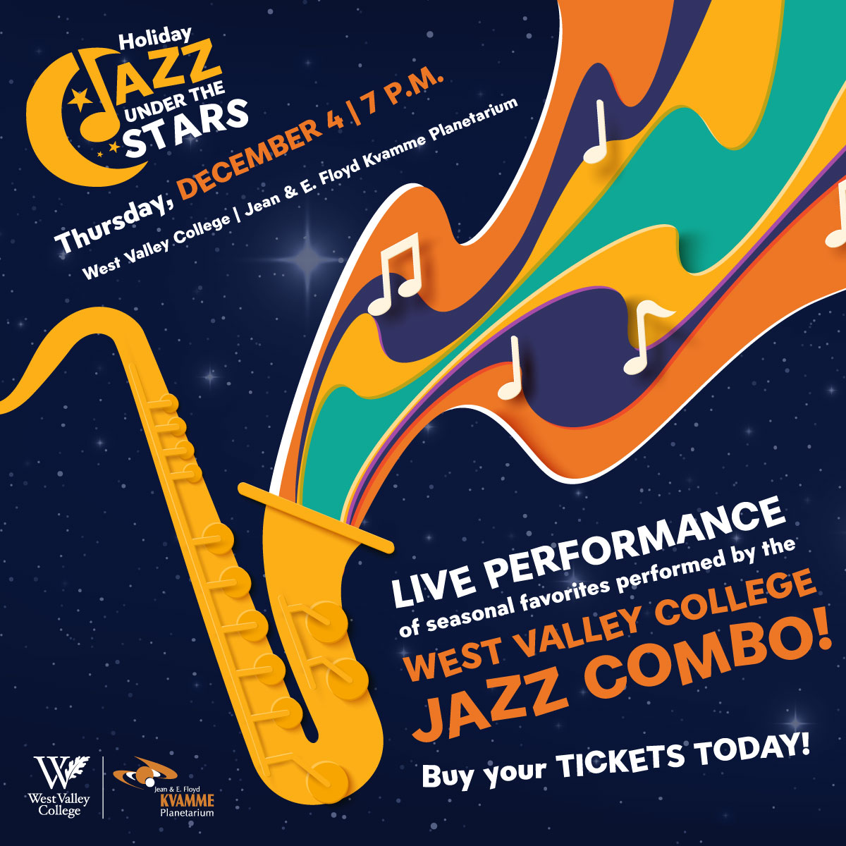 jazz under the stars graphic with a starry night background and a saxophone with music notes and color swirls pouring out of it