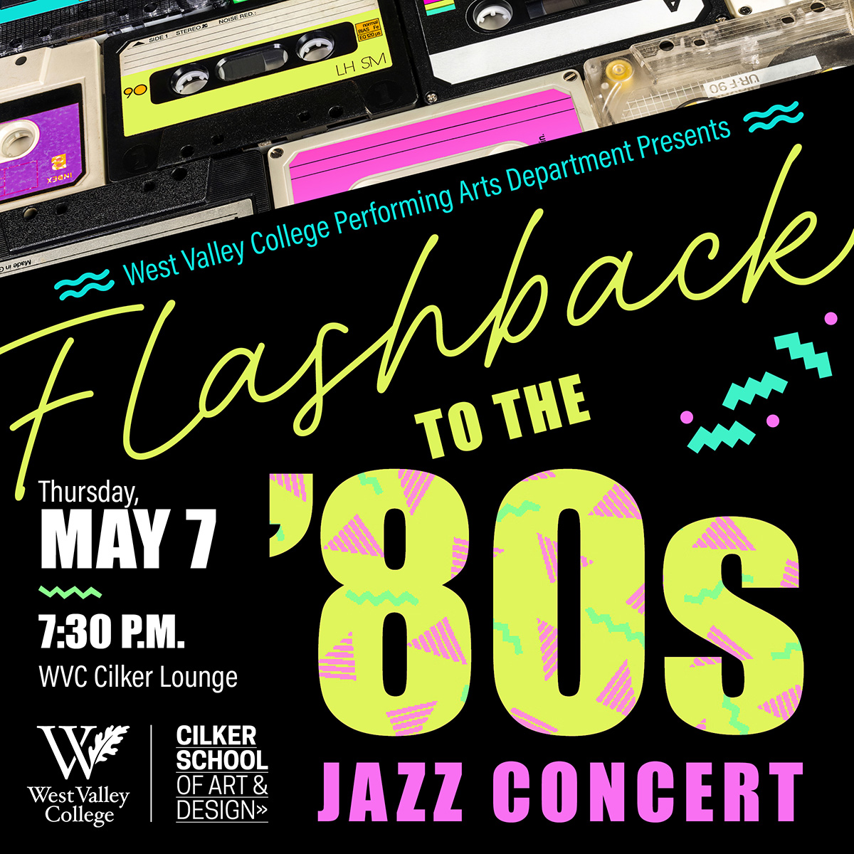 Flashback 80s music event graphic with neon colors, retro typography, and classic 1980s style imagery