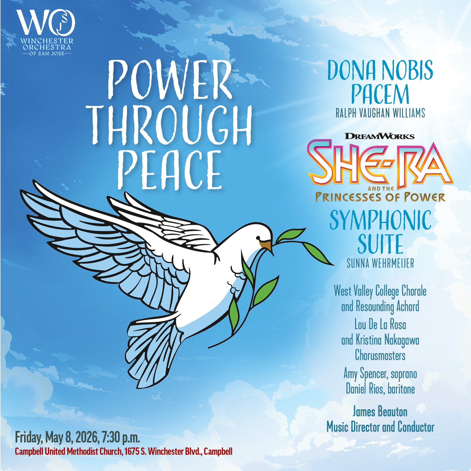 Illustrated white dove with spread wings carrying an olive branch, flying across a blue sky with clouds, symbolizing peace.