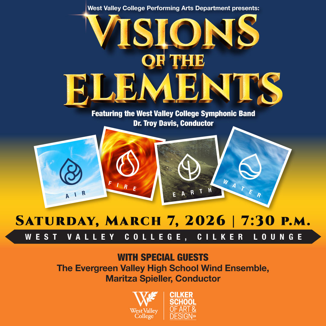 Event poster titled ‘Visions of the Elements,’  Title appears in large gold letters on a dark blue background. Four square icons representing elements—Air, Fire, Earth, and Water—are displayed, each with a stylized elemental symbol and colored background.
