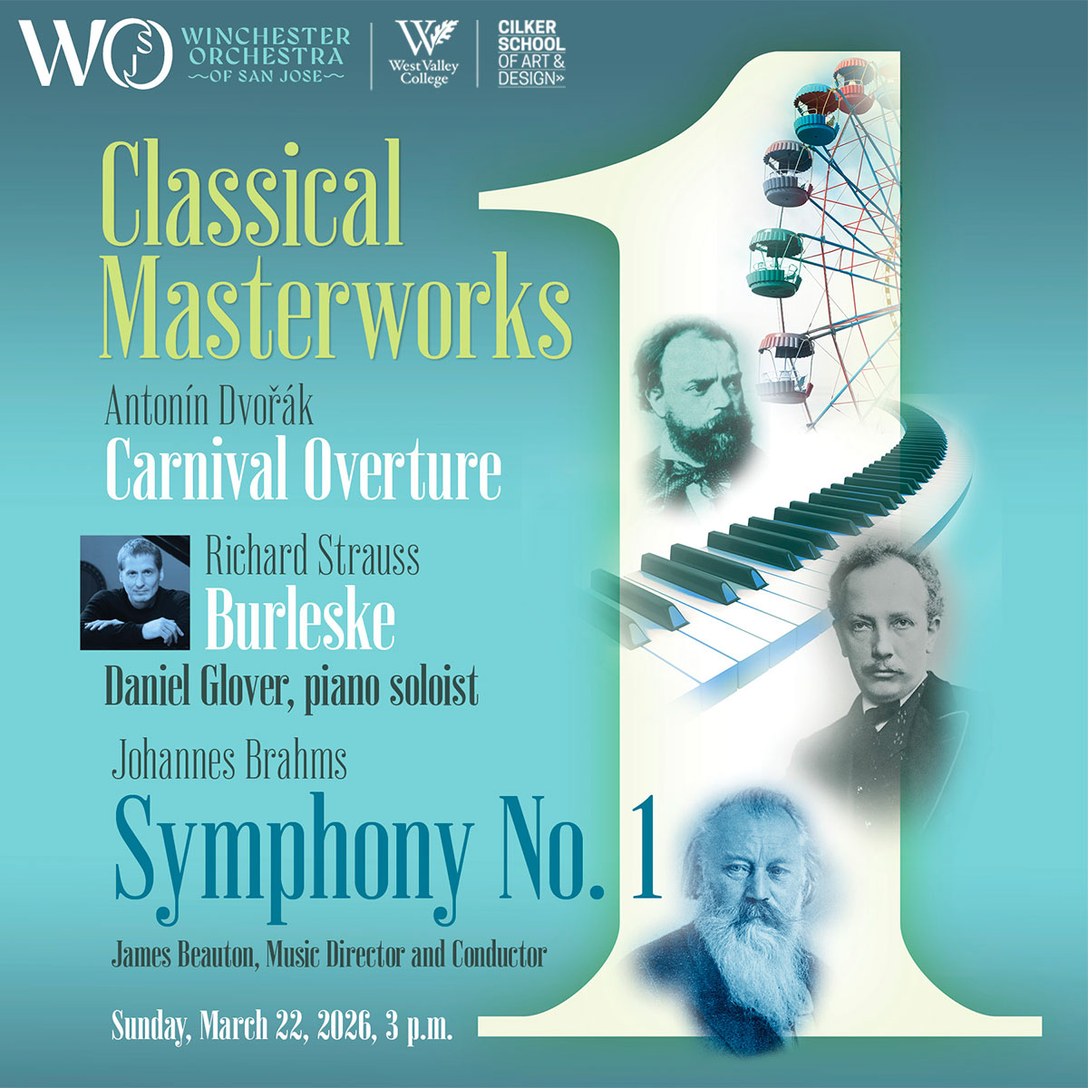 White number one on the right with composers photographs, piano keys and ferris wheel. Event text on the left.