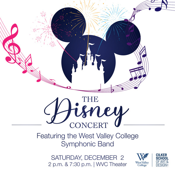 Mickey mouse head with musical notes and concert details