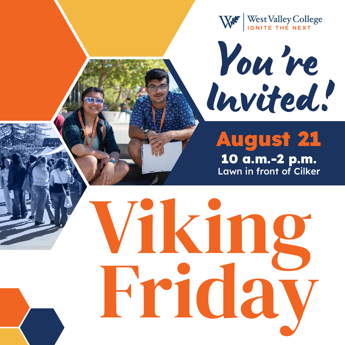 viking friday graphic  with hexagon pattern with two hexagons with student life photos