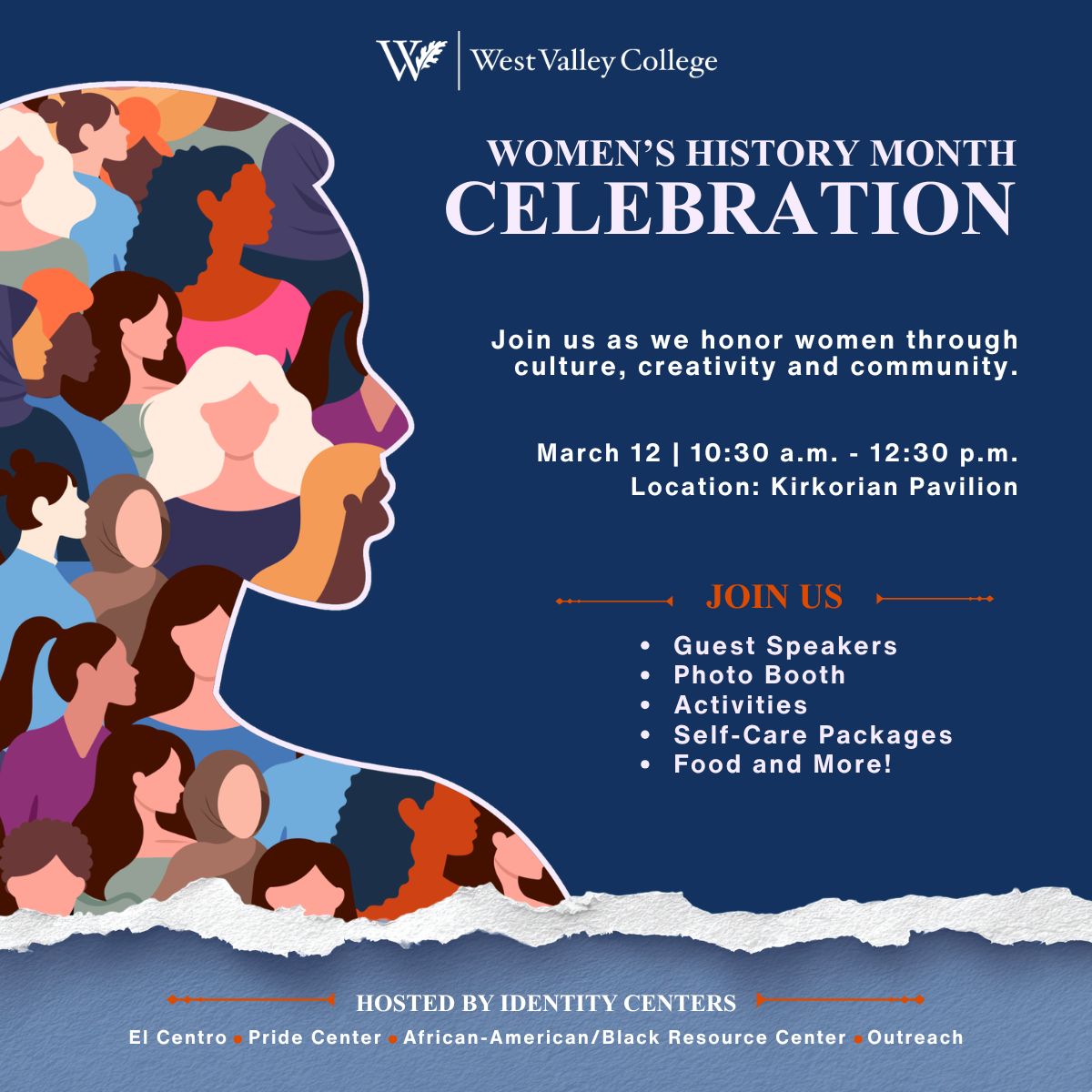 Women’s History Month event with colorful illustrated silhouettes and details for March 12 at Kirkorian Pavilion.