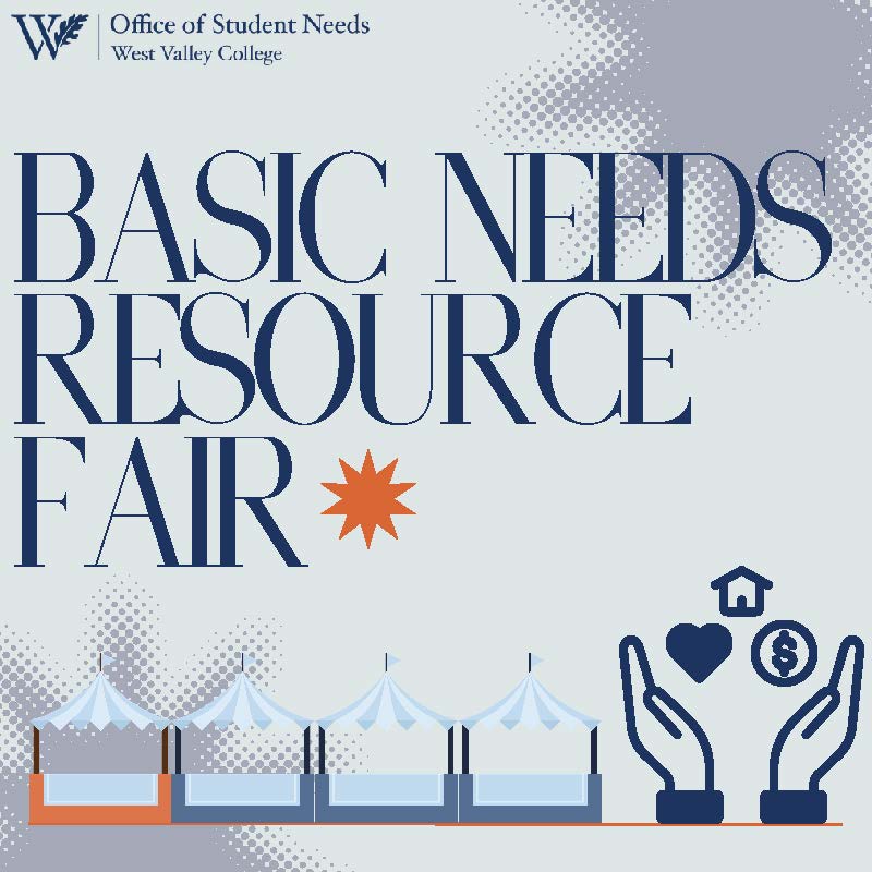 Flyer for a Basic Needs Resource Fair featuring tents, icons for housing, food, and money, and West Valley College branding.