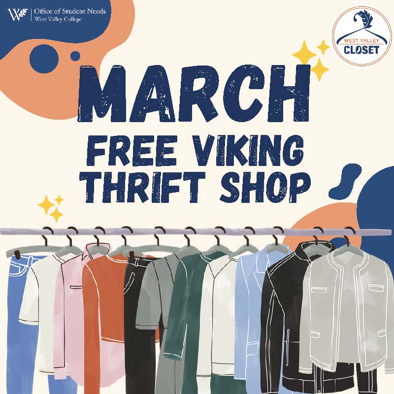 Flyer showing clothing on a rack with text promoting the March Free Viking Thrift Shop at West Valley College.