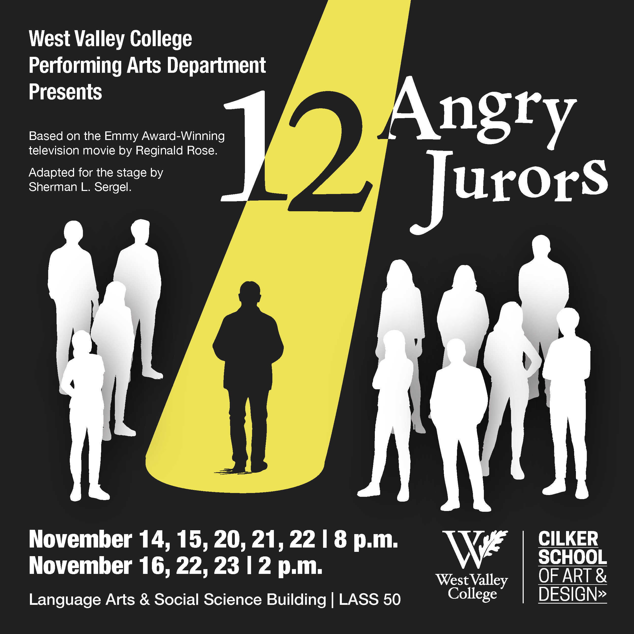 Black background, yellow spot lights, white text and white silhouettes of the 12 jurors