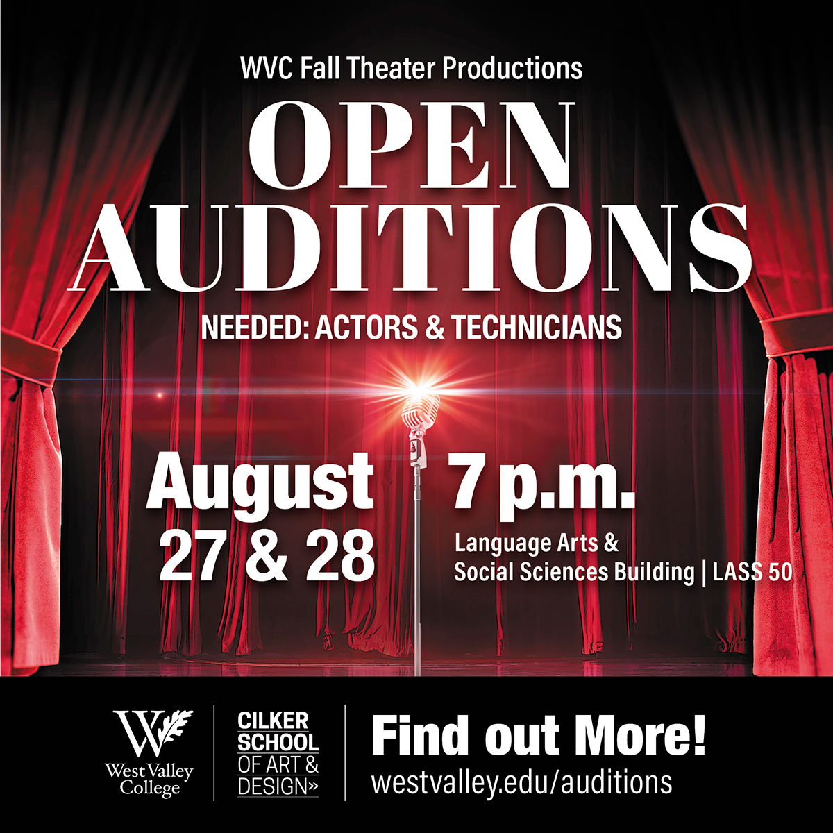 blue curtain background with white open auditions text