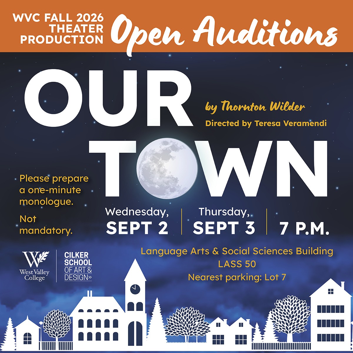 open auditions with flat art of a small town in white with a full moon