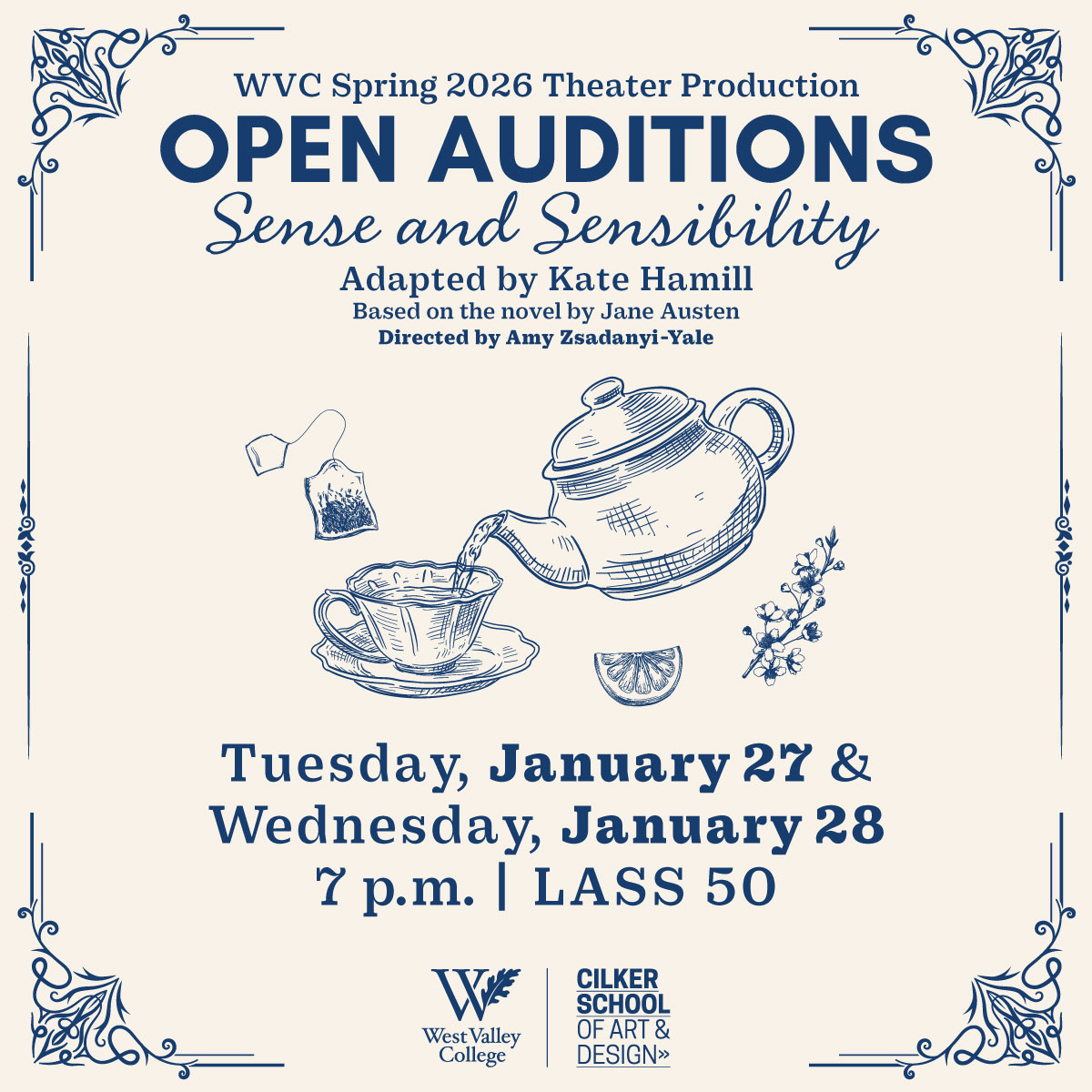 open auditions for spring 2026 theater production. graphic doodle of a teapot pouring teas