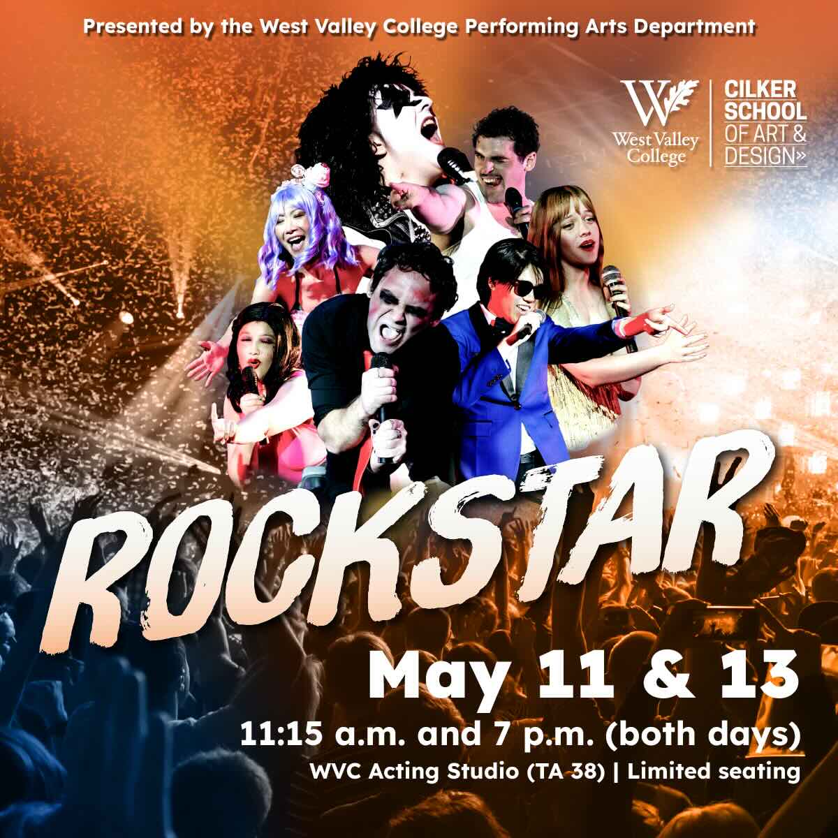 Promotional poster for Rock Star featuring multiple performers singing with microphones, a cheering crowd, bold concert colors, and show dates May 11 and 13.