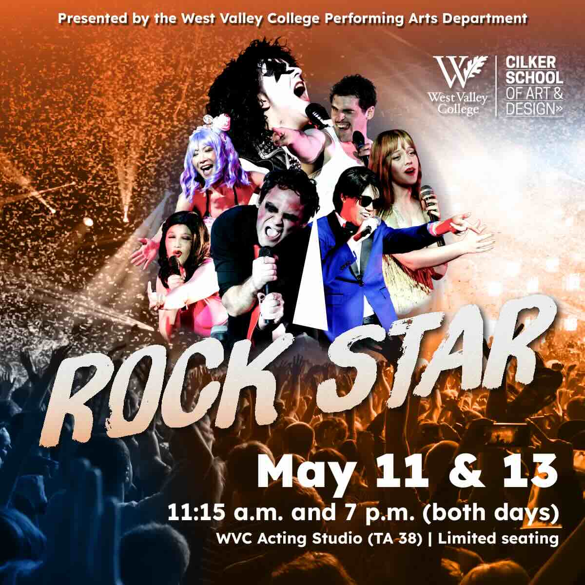 Promotional poster for Rock Star featuring multiple performers singing with microphones, a cheering crowd, bold concert colors, and show dates May 11 and 13.