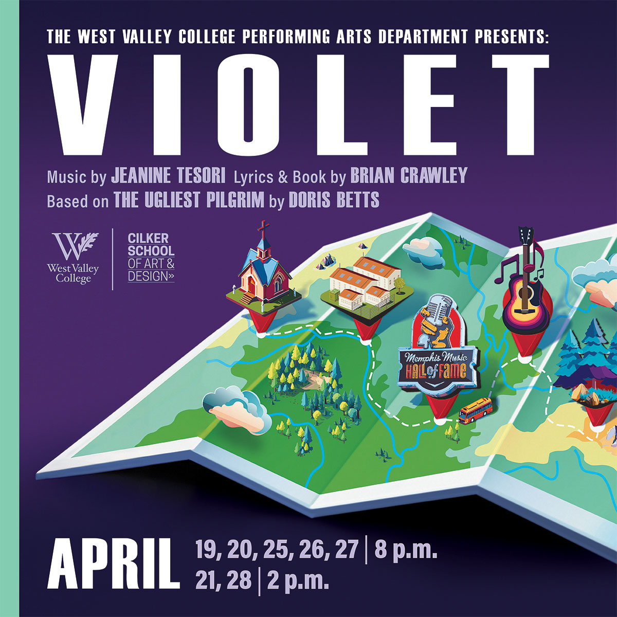 Violet show graphic that names who the music was written by and a map of the locations where this musical presumably takes place along with the dates of the show.