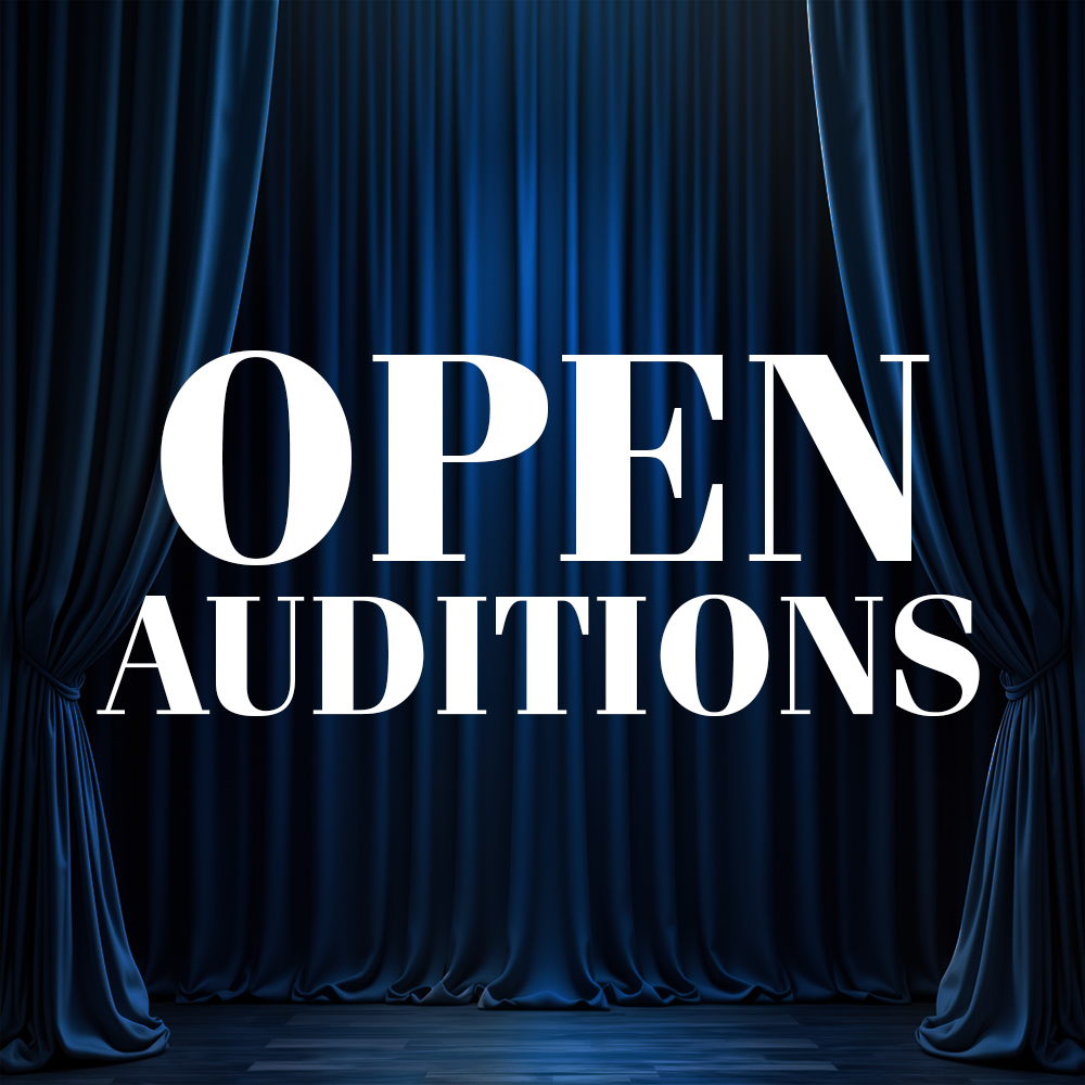 blue curtain background with white open auditions text