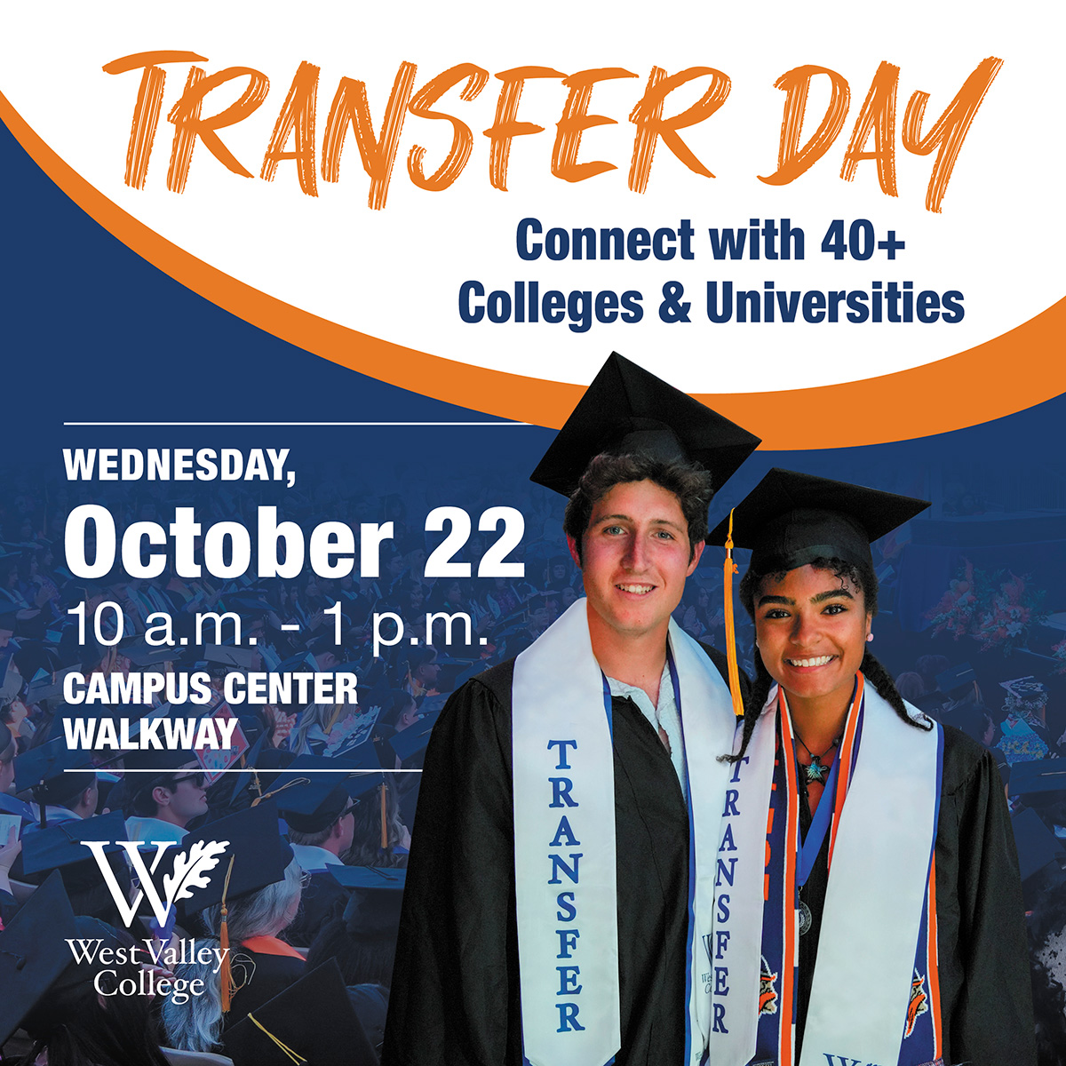 Graphic advertising transfer day with two students wearing graduation robes