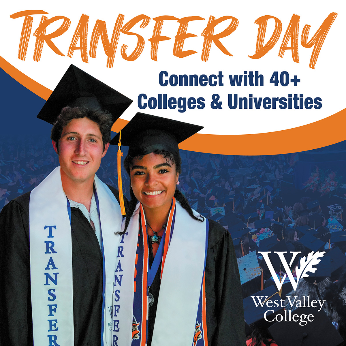 Graphic advertising Transfer Day with two students in graduation robes