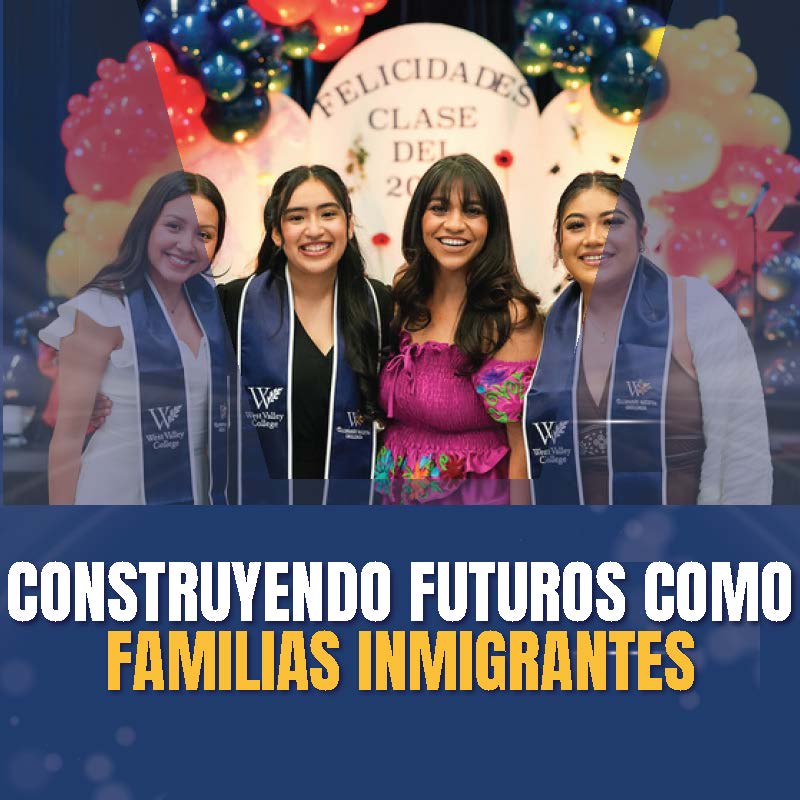 Four people in graduation stoles stand in front of a festive backdrop with balloons and a sign reading ‘Felicidades Clase del 2024,’ with the text ‘Construyendo Futuros Como Familias Inmigrantes’ displayed below.