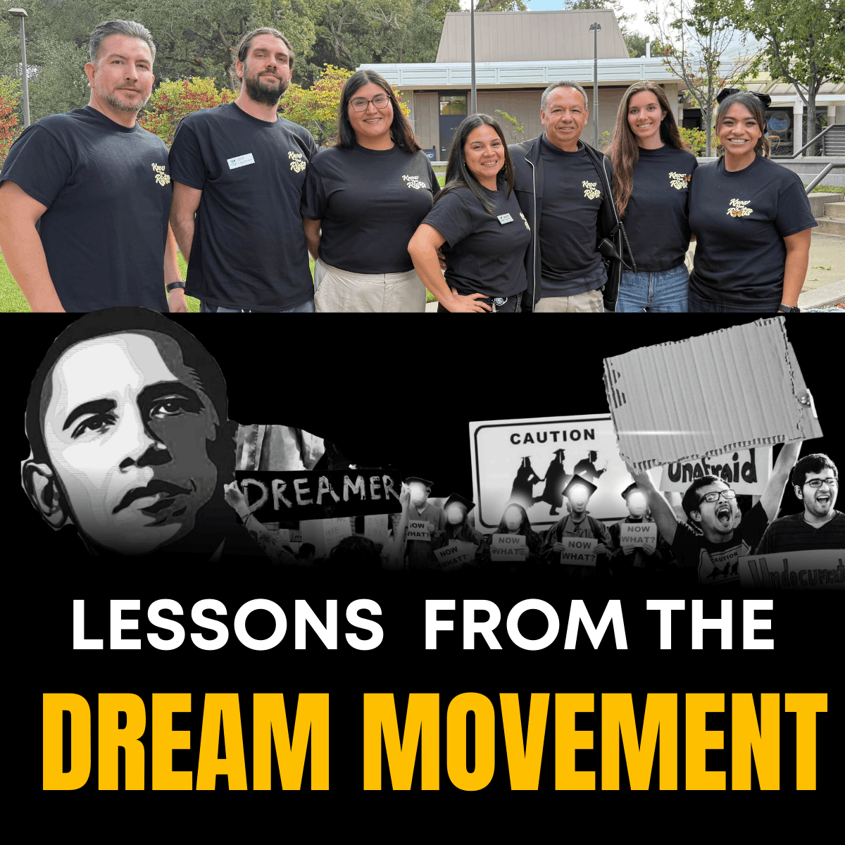 graphic of undocu resource office staff with a vector of former president barack obama and a crowd of people holding signs during a protest