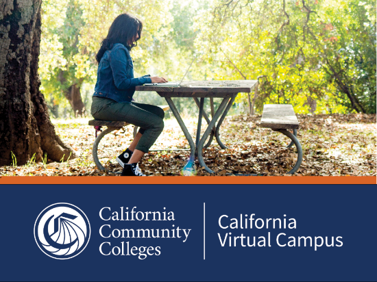 woman at bench with her laptop with decorative graphic CCC logo and California Virtual Campus