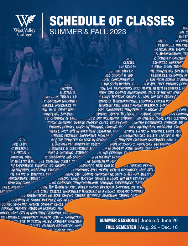 WVC Summer Fall Schedule cover.  Has text of services and programs offered at WVC inset into the Leaf logo