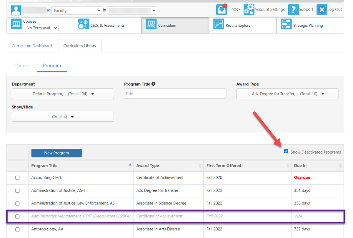 How to see deactivated curriculum in the library