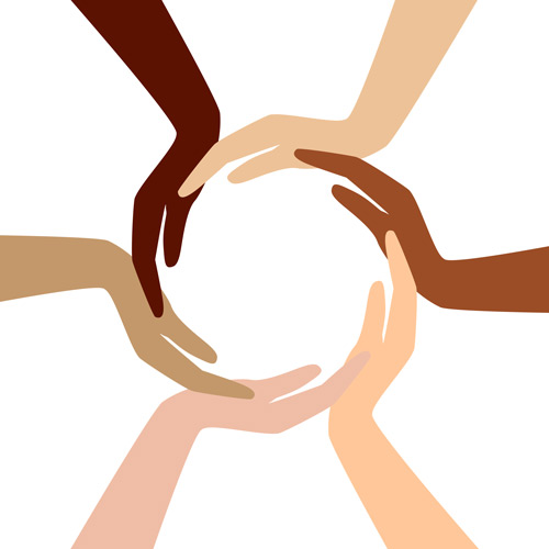 Diverse colored hands in a circle