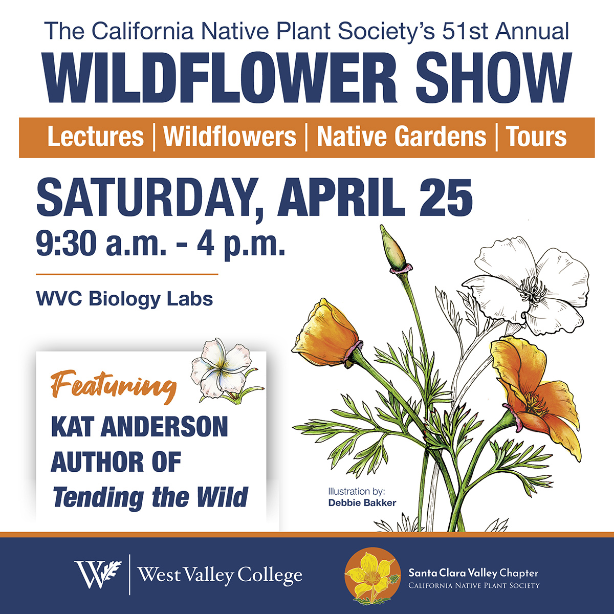 wildflower show flyer with line art of orange and white flowers