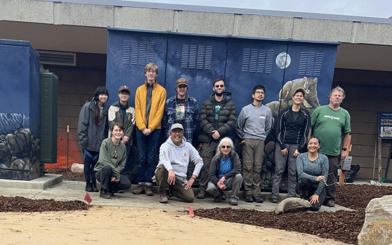 Students in front of Science and Math building