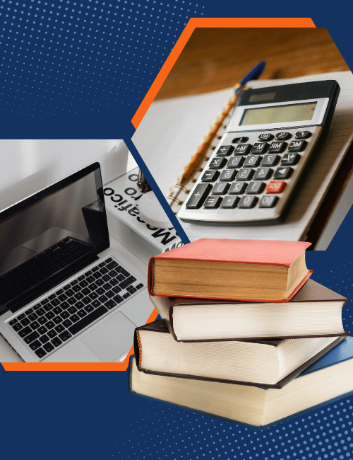 collage of books, computers, graphing calculators